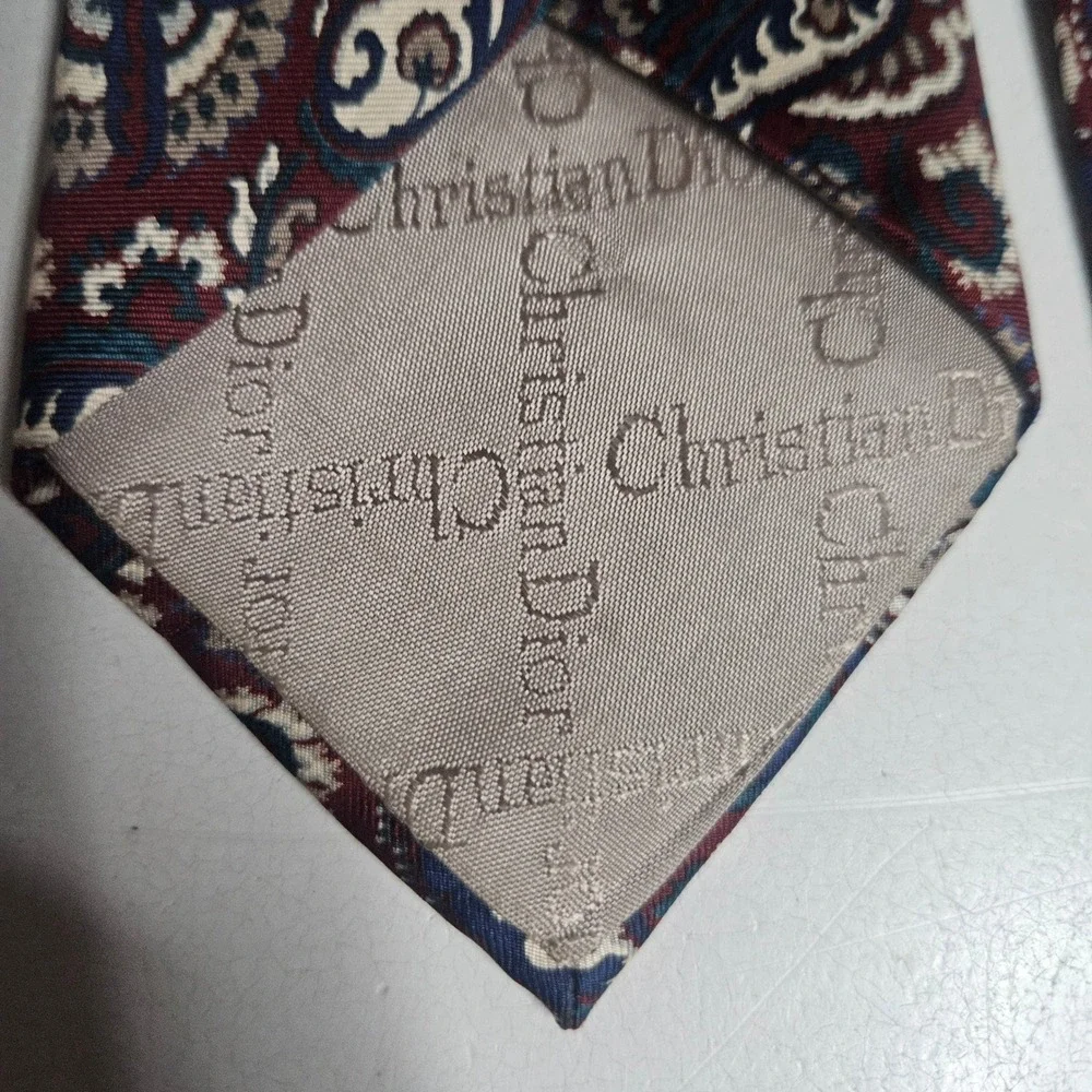 Christian Dior Monsieur‎ Silk Paisley Tie Burgundy Navy Blue Woven Italy Vintage